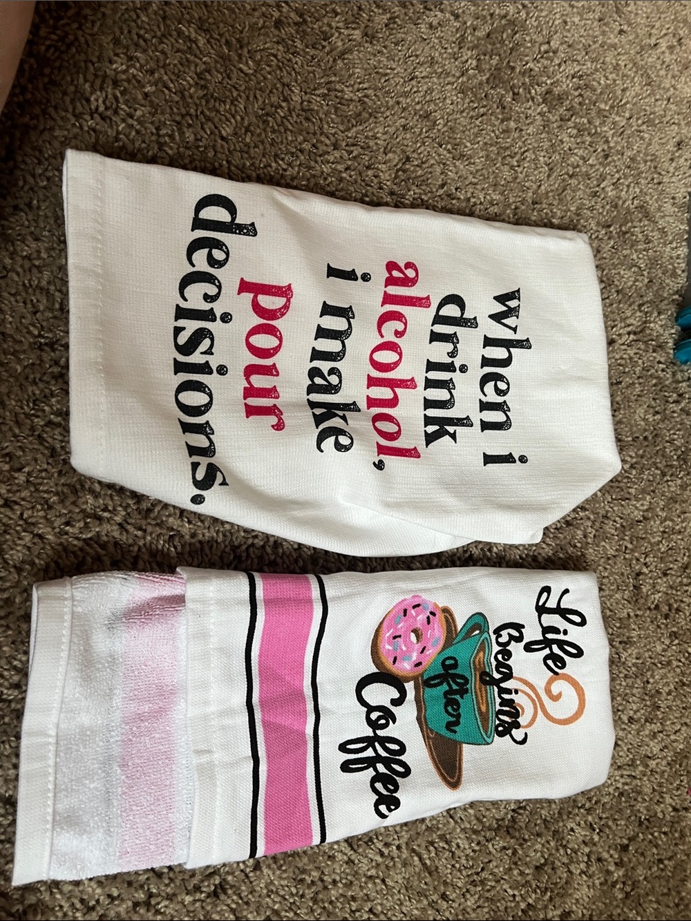 Set of 2 Humorous Printed Kitchen Towels - White with Pink and Teal Accents - Picture 1 of 1